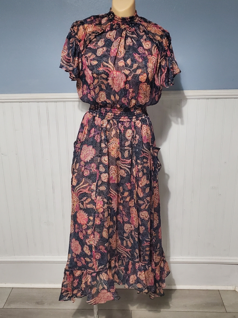 MISA Los Angeles Azura Dress in Flora Dot Chiffon Smocked Midi – Size XS Boho